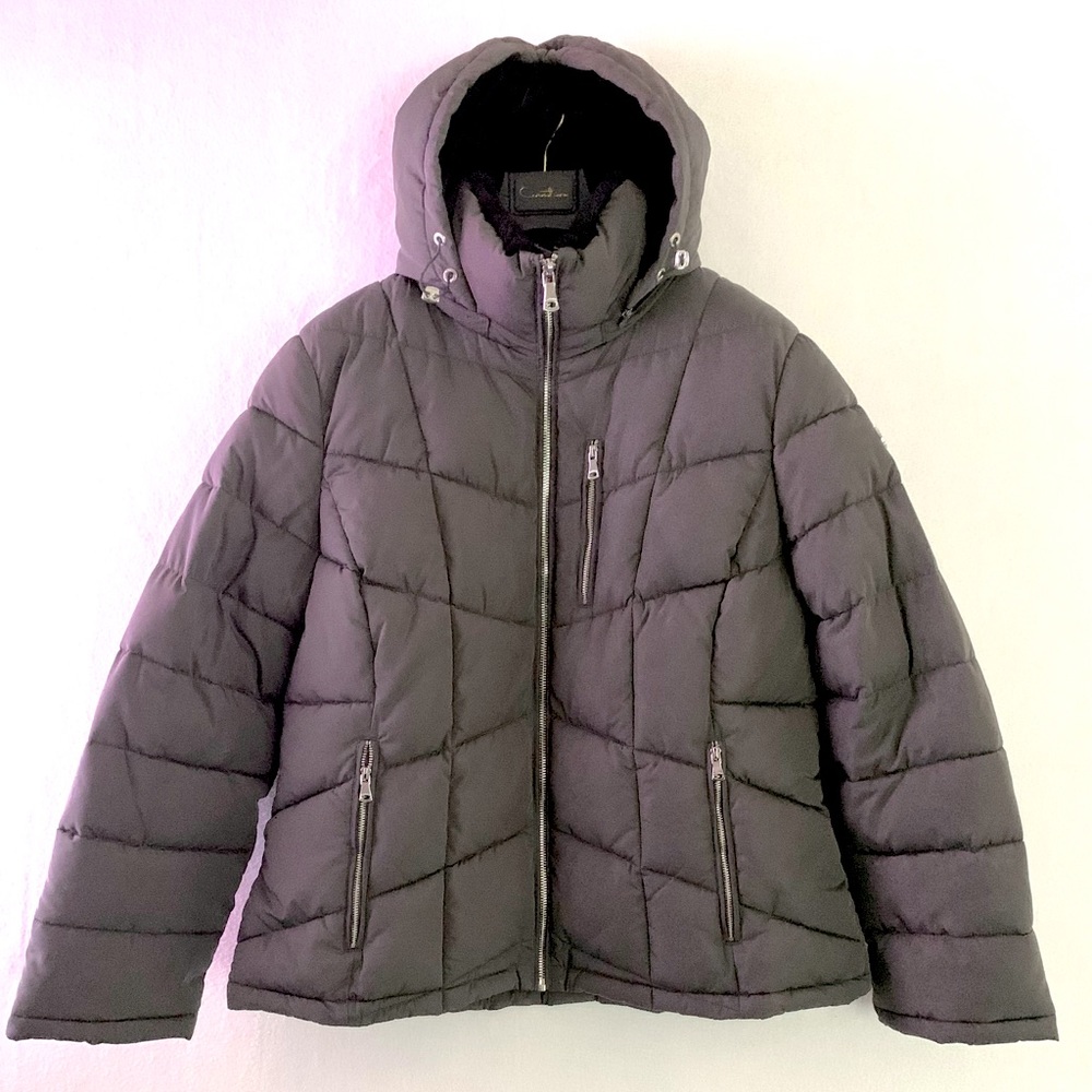 Calvin Klein Repel Grey Puffer Coat XL Hooded Black Faux Fur Trim - Like New!